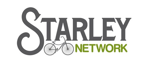 Starley in grey text and the word network in green underneath. Also cartoon image of bicycle
